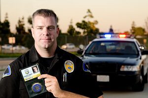 Police officer displaying an ID credential representing secure identification and access control solutions for law enforcement.