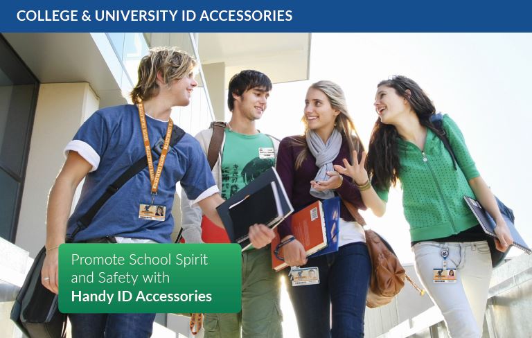 College and university students wearing ID badges and lanyards for campus identification and security.