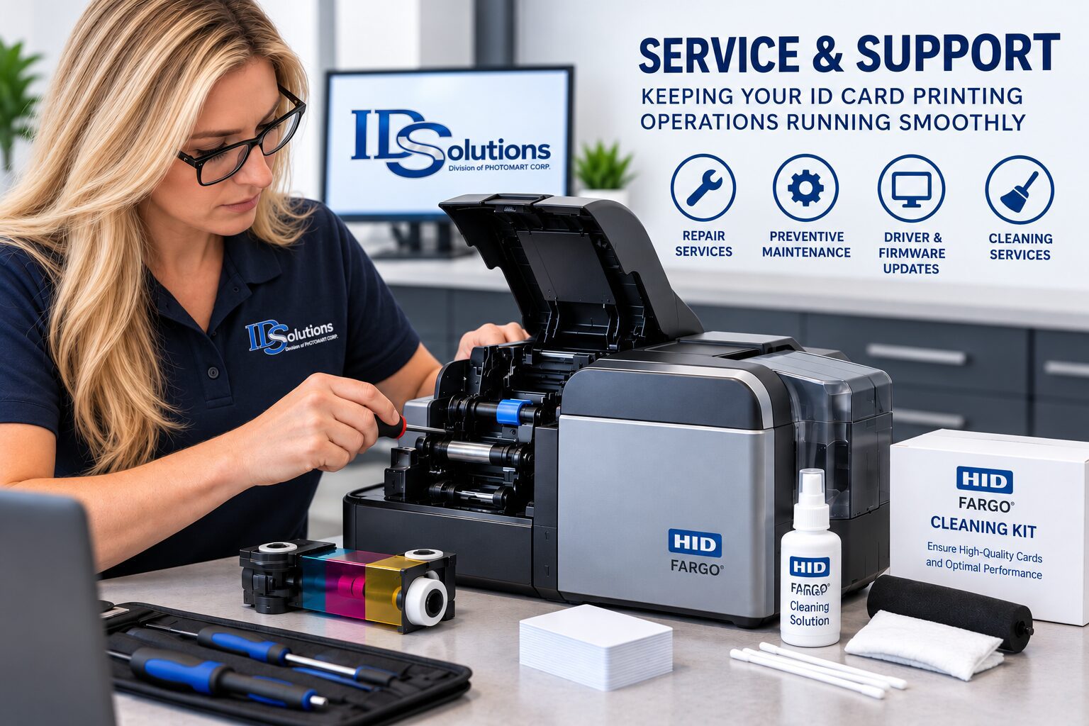 ID Solutions technician servicing an HID FARGO ID card printer with repair tools, cleaning supplies and printer ribbons.